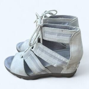 Sorel Joanie II Lace Up Wedge Heel Sandals Womens size 8 M Gladiator Summer Gray